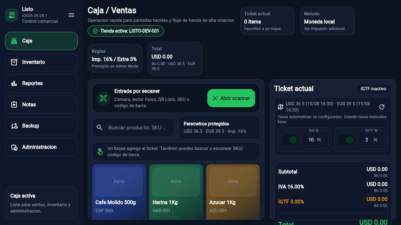 Pantalla real del punto de venta Listo con caja, inventario, reportes y administración